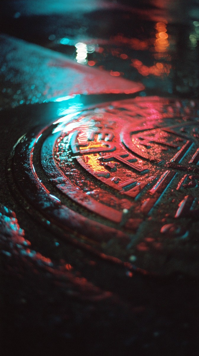 new york city neon reflection wet manhole cover c662ae74 7e69