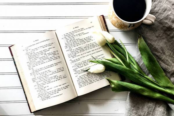 Coffee, Flowers and Open Book Royalty-