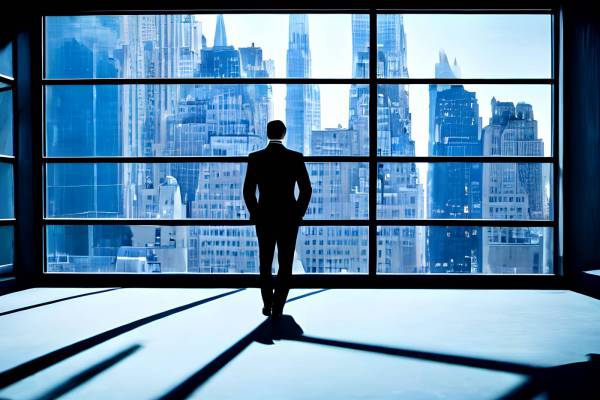 business businessman cityscape standing skyscraper window men