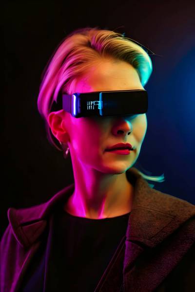 futuristic virtual reality simulator eyeglasses adult women one person technology