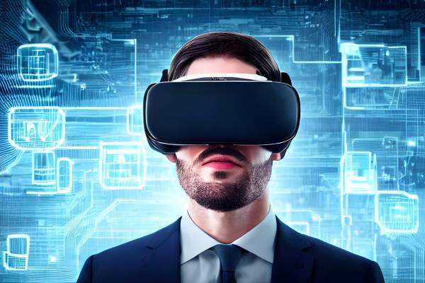 futuristic metaverse businessman adult virtual reality simulator technology men