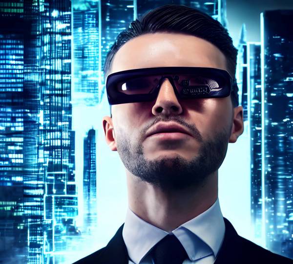 men adult businessman metaverse technology virtual reality simulator futuristic