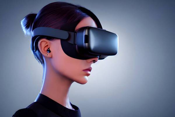 women futuristic virtual reality simulator technology one person metaverse eyesight