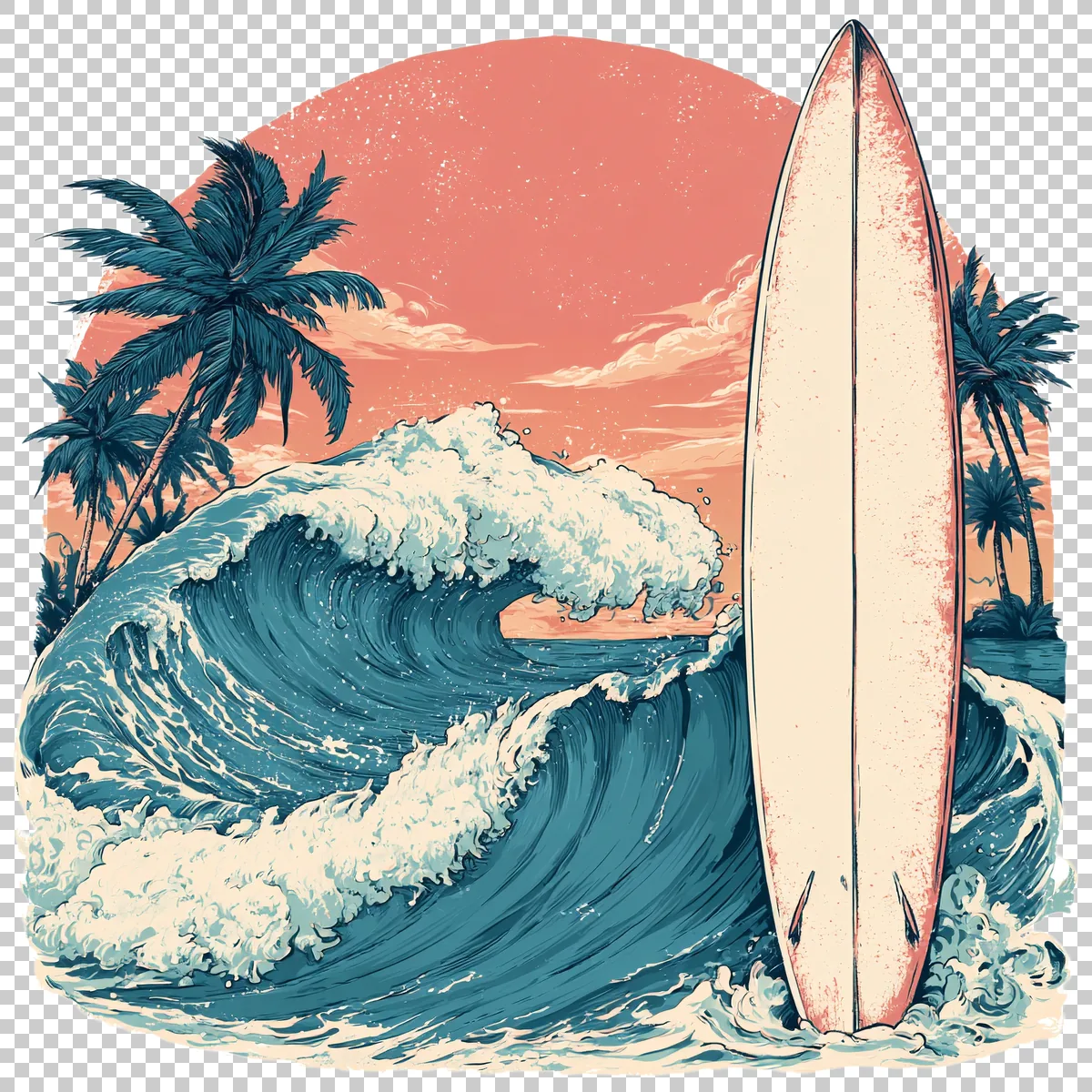 Surfboard And Tropical Wave Emblem With Palm Trees A 0 H transparent PNG