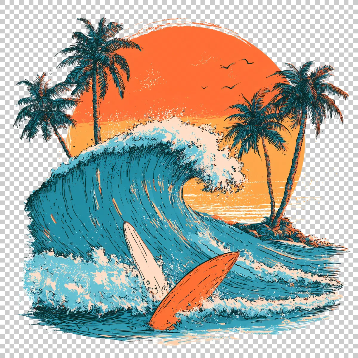 Surfboard And Tropical Wave Emblem With Palm Trees A 2 H transparent PNG